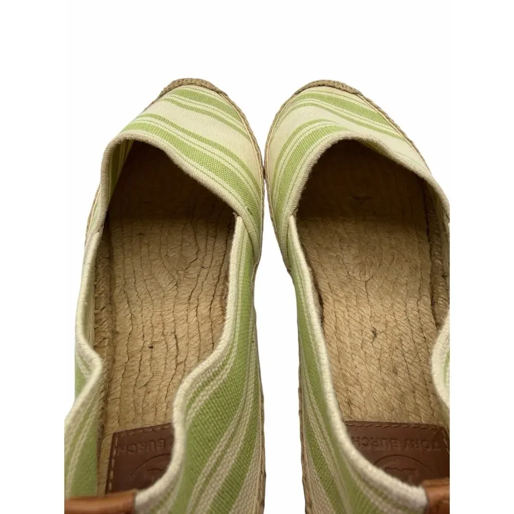 Tory Burch Striped Espadrille Slip-On Flats Green‎ Ivory Canvas Jute Women’s 10